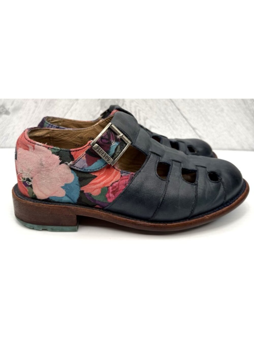 John Fluevog Philippa Floral Womens 7 Blue Leather Fisherman Sandal Mary Jane - Picture 4 of 16